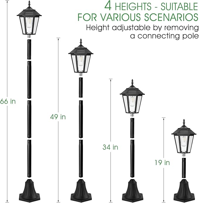 66" Metal Solar Lamp Post Light 50 Lumens, 2 Pack Solar Pole Light Outdoor Waterproof, Post Lighting Outside for Porch Yard Driveway Garden Patio Decor