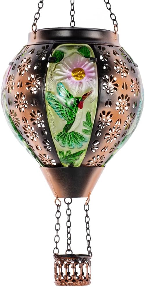 DREAMSOUL Hummingbird Hot Air Balloon Solar Lantern, Metal & Glass Flickering Flame Light Solar Lantern, Hanging Waterproof Solar Lanterns Outdoor for Garden Patio Tree Decoration