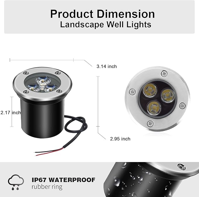 Low Voltage In-ground Lights LED Well Light Landscape Light with Connectors 3W 12V 24V Waterproof IP67 Pathway Lights Outdoor spotlights Trees Flags for Garden,Yard,Tree (Cool White)