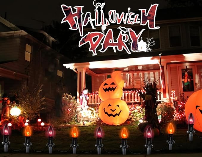 C9 Outdoor Halloween Pathway Lights - 19.5Ft Orange & Black Bulbs with 10 Stakes, Connectable Waterproof Markers for Yard, Lawn & Garden Decor