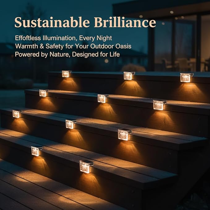 TIJNN Solar Deck Lights Outdoor Waterproof (6 Pack) – LED Solar Fence Lighting for Steps, Stairs, Railing, Patio & Backyard – Wireless Auto Dusk to Dawn Warm White Decor