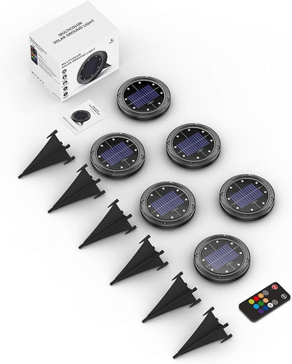 Color Changing Solar Ground Lights with 33ft Long Distance Remote Control - Flat Solar Lights Outdoor Waterproof - Pathway Lights Solar Powered for Yard Decorative Outside Lawn Walkway [6 Pack]