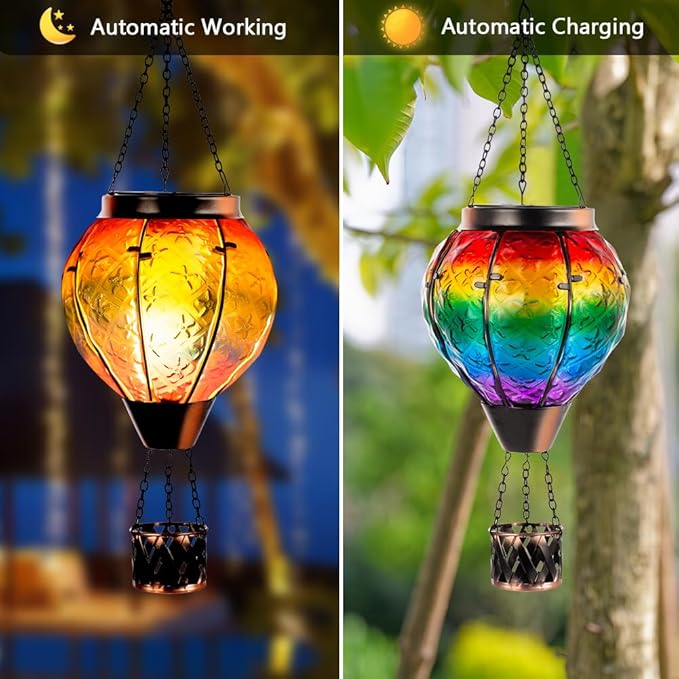 DREAMSOUL 2 PCS Rainbow Solar Hot Air Balloon Lantern with Flame, Metal & Glass Solar Lanterns Outdoor Waterproof for Lawn Patio Tree Decor
