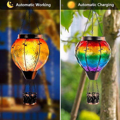 DREAMSOUL 2 PCS Rainbow Solar Hot Air Balloon Lantern with Flame, Metal & Glass Solar Lanterns Outdoor Waterproof for Lawn Patio Tree Decor