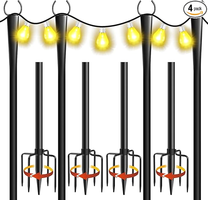 4 Pack 10Ft String Light Poles, Metal Poles with Fork for Outside Lights,Outdoor Metal Light Stand with Fence Brackets Hanging Lights for Garden Patio Wedding Backyard (4 PACK-Upgraded Version)