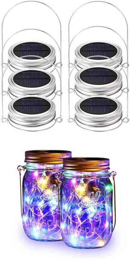 Solar Mason Jar Lights 6 Pack 20 Led Fairy Firefly Lights Mason Jar Lids String Lights with Hanger (Jars Not Included) Best for Mason Jar Outdoor Decor for Patio Garden Yard Lawn (Silver)