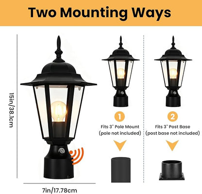 15" Dusk to Dawn Outdoor Post Light, Modern Black Outdoor Lamp Post Light Fixture, Lamp Posts Exterior Lighting Pole Lantern for Outside Porch Garage Street, Waterproof Aluminum & Glass, 1 Pack, E26