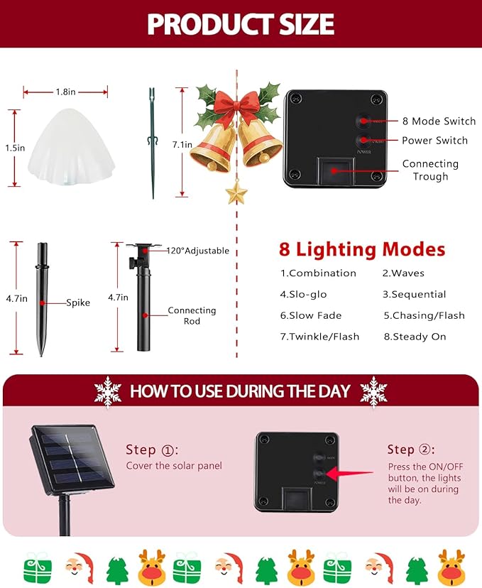 OZS 2PK 32LED 55FT Red and White Christmas Decorations Mushroom Solar Lights, Christmas Lights Outdoor with 8 Lighting Modes, Solar String Lights Waterproof for Outside Yard Party