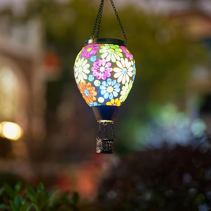 Starsoul Mosaic Flowers Hot Air Balloon Solar Lantern Glass Outdoor Hanging Hot Air Balloon Solar Flickering Flame Light Waterproof Garden Patio Yard Party Decorations Gifts for Women