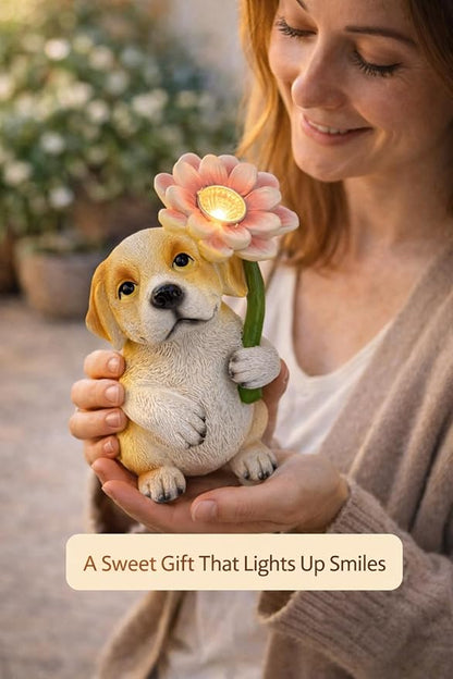 Solar Dog Garden Statue with LED Flower – Hand-Painted Resin Puppy Figurine, Solar Powered Outdoor Garden Decor, Auto On/Off Yard Light Gift (Puppy)
