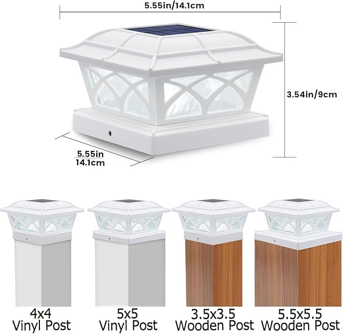 SIEDiNLAR Solar Post Cap Lights Outdoor Glass 2 Color Modes 8 LEDs for 4x4 5x5 6x6 Posts Fence Deck Patio Decoration Warm White & Cool White Lighting White (4 Pack)
