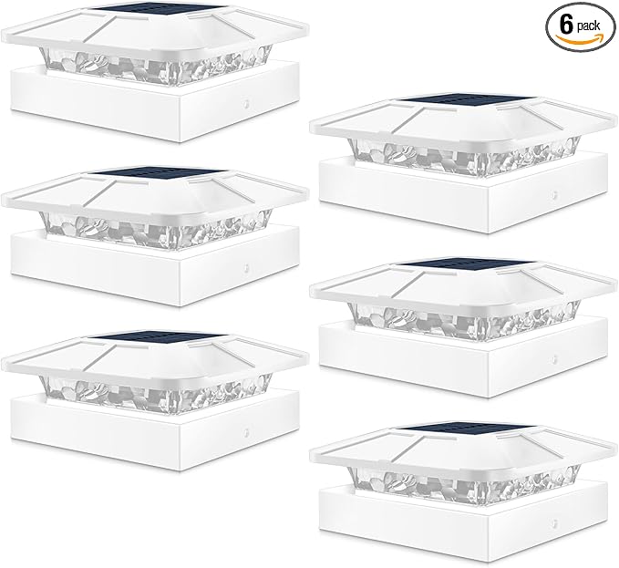 Peasur 6 Packs 4x4 Post Solar Lights with 3 Modes, Waterproof LED Solar Powered Cap Lights for 4×4/3.5×3.5 Wood/Vinyl Posts, White Post Top Lighting Outdoor for Fence Deck Mailbox Porch Railing