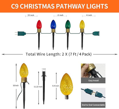 2 Pack Jumbo C9 Christmas Pathway Lights Outdoor, Total 14FT 8-Light Multicolor Diamond Connectable Plug in for Walkway, Fence, Yard, Garden