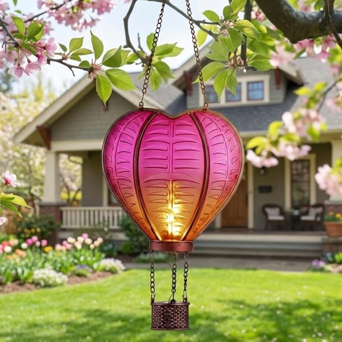 TERESA'S COLLECTIONS Valentine's Day Hot Air Balloon Solar Lantern Party Decorations, Outdoor Decor for Garden Flickering Flame Hanging Solar Lights Heart-Shaped Lantern for Anniversary Wedding Decor