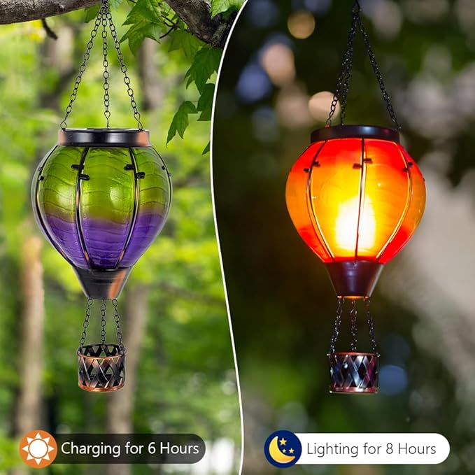 Gradient Hot Air Balloon Solar Lanterns Outdoor Waterproof,Gradient Glass Solar Hanging Hot Air Balloon Lantern with Flame Flickering Lights for Patio,Porch,Yard Decor