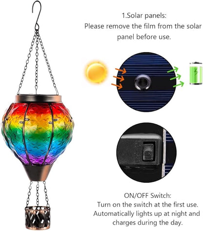 DREAMSOUL Rainbow Hot Air Balloon Solar Lantern, Metal & Glass Solar Lantern with Flickering Flame, Hanging Solar Lanterns Outdoor Waterproof for Lawn, Patio, Tree Decor