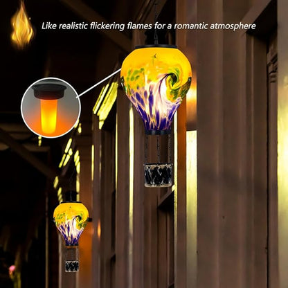 Tie-Dye Style Solar Hot Air Balloon Lantern with Flame, Glass Hot Air Balloon Solar Lantern Waterproof Outdoor Lanterns Decorative Lamp for Patio, Garden, Porch