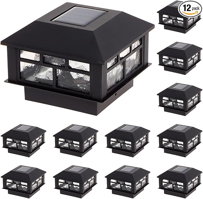 Black Solar Fence Post Caps 12-Pack, Yard LED