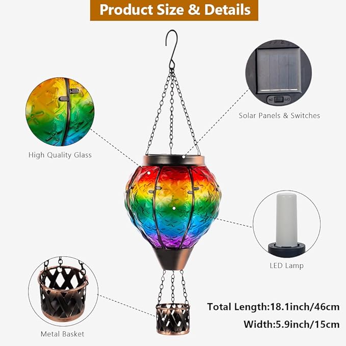DREAMSOUL Rainbow Hot Air Balloon Solar Lantern, Metal & Glass Solar Lantern with Flickering Flame, Hanging Solar Lanterns Outdoor Waterproof for Lawn, Patio, Tree Decor