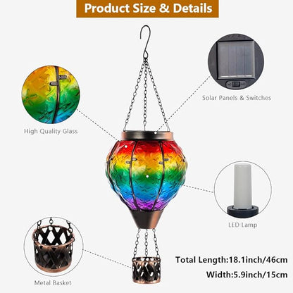 DREAMSOUL Rainbow Hot Air Balloon Solar Lantern, Metal & Glass Solar Lantern with Flickering Flame, Hanging Solar Lanterns Outdoor Waterproof for Lawn, Patio, Tree Decor