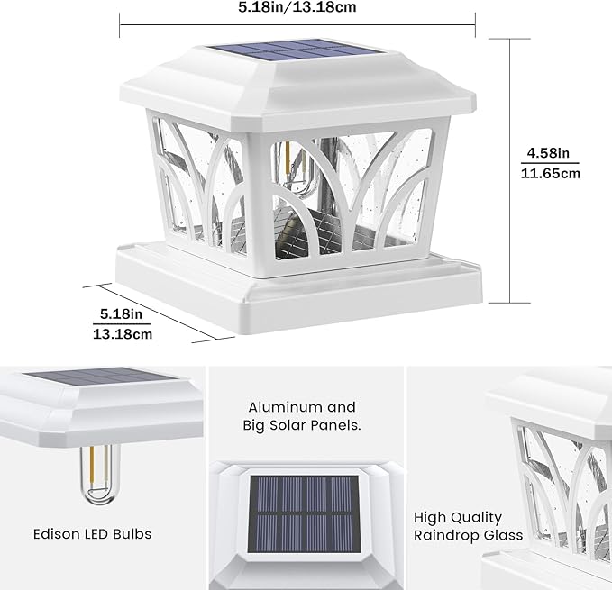 SIEDiNLAR Solar Post Cap Lights Outdoor, Aluminum Glass 2 Modes Edison LED Bulbs for 4x4 5x5 6x6 Vinyl Wooden Posts Deck Fence Patio Decor, Warm White/Cool White Lighting 6 Pack (White)