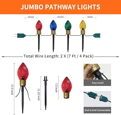 2 Pack Jumbo Christmas Pathway Lights Outdoor, Total 14FT 8Pcs Multicolor Diamond Connectable Plug in Walkway Lights for Driveway, Fence, Yard Holiday Decor, Green Wire