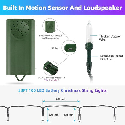 33ft 100 LED String Lights,Battery Christmas Music Light Waterproof,Motion Sensor Christmas Lights with 6 Modes for Indoor Outdoor Yard Patio Garden Xmas Tree Decor