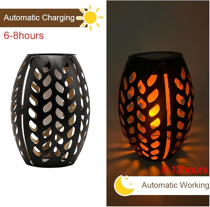 2PCS Solar Table Lanterns with Flickering Flame Light Outdoor Waterproof, Metal Desktop Decorative Lamp with Hollow Design for Tabletop Garden, 7.3" H Black Leaf