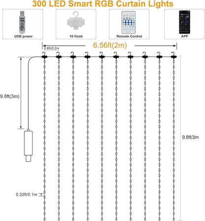 echosari Smart Curtain Lights 6.6 x 9.8Ft 16 Million Colors Changing 300 LED Fairy Curtain Lights DIY Functions with Remote APP Hanging Light for Patio Bedroom Decor