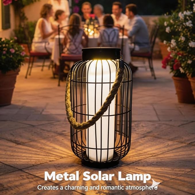 pearlstar Large Solar Powered Lantern Outdoor-Heavy Duty Metal Hanging Lights Decorative Solar Table Lamp Waterproof for Outside Patio Yard Garden Porch Tabletop Decor (Black)