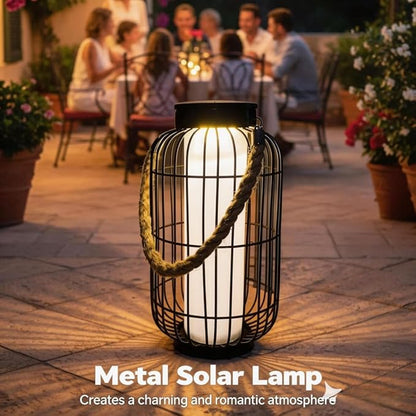 pearlstar Large Solar Powered Lantern Outdoor-Heavy Duty Metal Hanging Lights Decorative Solar Table Lamp Waterproof for Outside Patio Yard Garden Porch Tabletop Decor (Black)