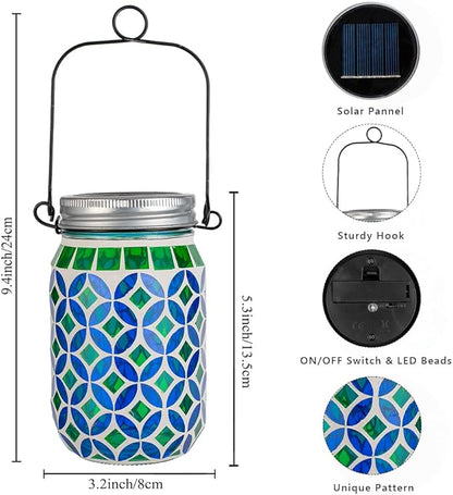 Stargarden 4 Pack Mosaic Solar Lantern , Outdoor Hanging Lantern Waterproof Table Lamp Mosaic Night Light for Tree, Garden, Patio, Yard, Outdoor(Blue Green)