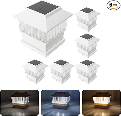 6 Pack Solar Post Cap Lights - Modern #2: Fits True 4x4 Vinyl & 5x5 Wood Posts, Bulk Savings, 3 Color Temp, 50 Lumen Waterproof Outdoor Lights for Deck Fence, Elegant White