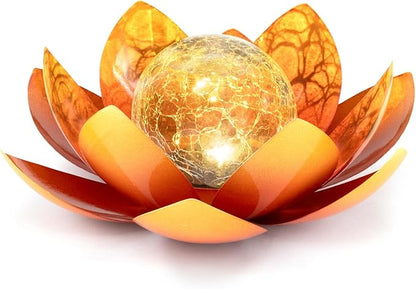 Huaxu Solar Lights Outdoor Garden Decoration Crackle Globe Glass Waterproof LED Metal Orange Lotus Flowers Gift for Mom,Women,Patio,Lawn,Walkway,Tabletop,Ground