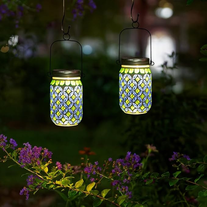 Stargarden Mosaic Solar Lantern , Outdoor Hanging Lantern Waterproof Table Lamp Mosaic Night Light for Tree, Garden, Patio, Yard, Outdoor(Blue Green)