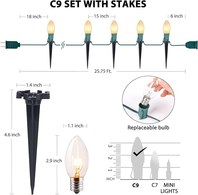 C9 Christmas Lights Outdoor, 102.8ft 80 Bulb Pathway Lights with Stakes, Warm White