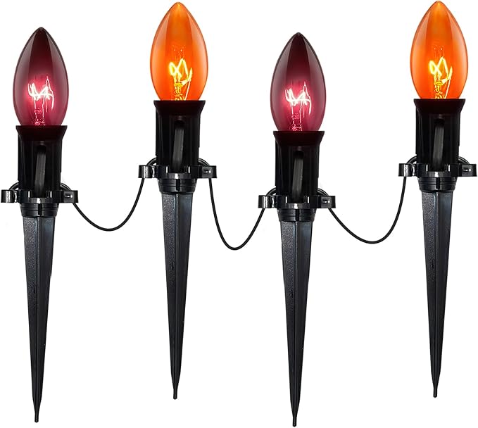 C9 Outdoor Halloween Pathway Lights - 19.5Ft Orange & Black Bulbs with 10 Stakes, Connectable Waterproof Markers for Yard, Lawn & Garden Decor