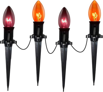 C9 Outdoor Halloween Pathway Lights - 19.5Ft Orange & Black Bulbs with 10 Stakes, Connectable Waterproof Markers for Yard, Lawn & Garden Decor