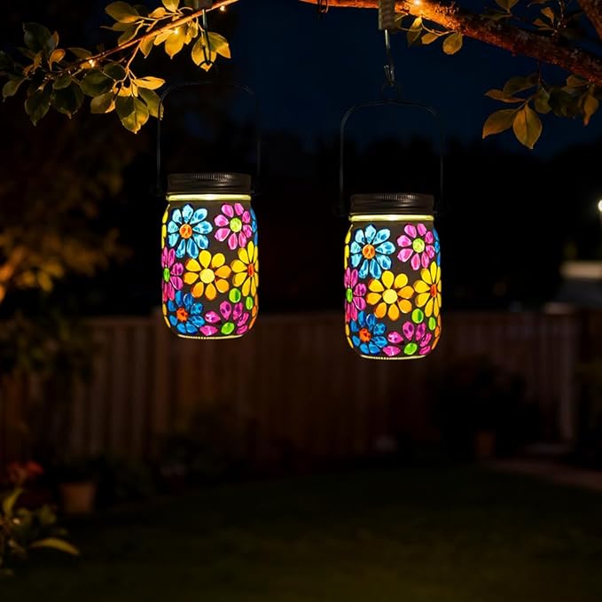 Stargarden 2Pack Mosaic Solar Lantern ,Mosaic Lights ,Outdoor Hanging Jar Lights ,Waterproof Solar Lamps for Tree, Garden, Patio, Yard, Outdoor(Flower)