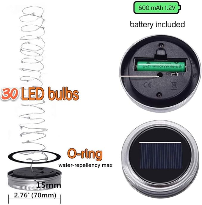 SunKite Solar Mason Jar Lights, 12 Pack 30 LED Waterproof Fairy Firefly Jar Lids String Lights with Hangers(NO Jars), Patio Yard Garden Wedding Decoration - Multicolored1