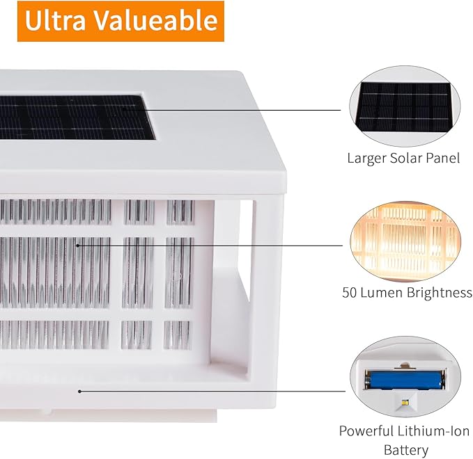 HUYIENO Solar Post Cap Lights Large Outdoor Deck Fence Post Lights 50Lumens Brightness Warm/Bright White Lighing Modes for 4x4 5x5 Vinyl Posts, 4x4 5x5 6x6 Wooden Posts (White, 1pk)