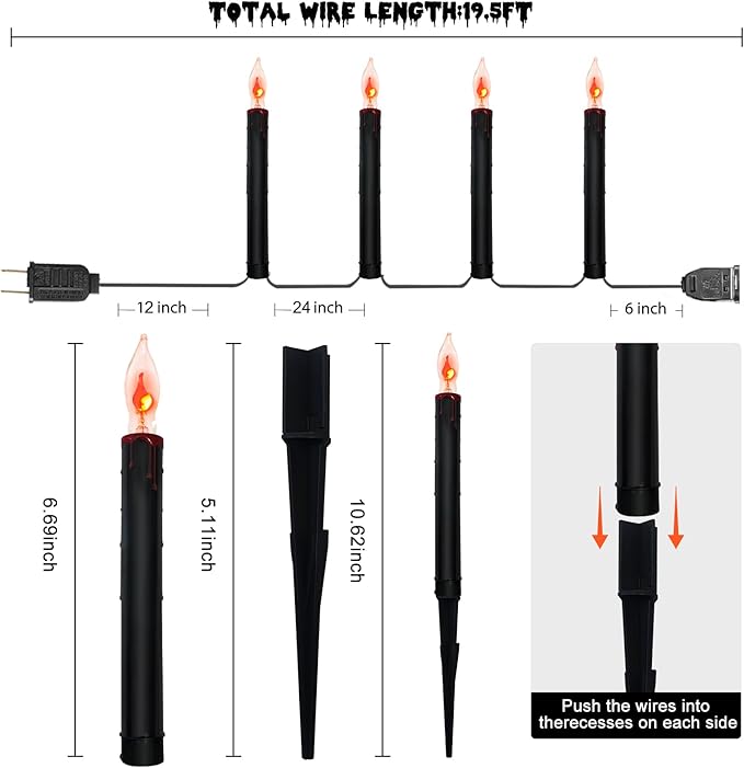 Halloween Pathway Lights Outdoor, 19.5Ft Halloween Pathway Marker String Lights with 10 C18 Flicker Flame Black Candles Stakes Lights Plug in Walkway Light for Lawn Garden Sidewalk Driveway