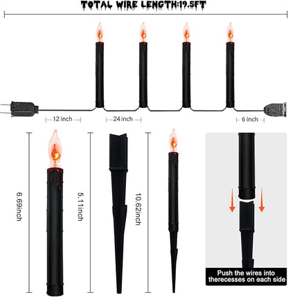 Halloween Pathway Lights Outdoor, 19.5Ft Halloween Pathway Marker String Lights with 10 C18 Flicker Flame Black Candles Stakes Lights Plug in Walkway Light for Lawn Garden Sidewalk Driveway
