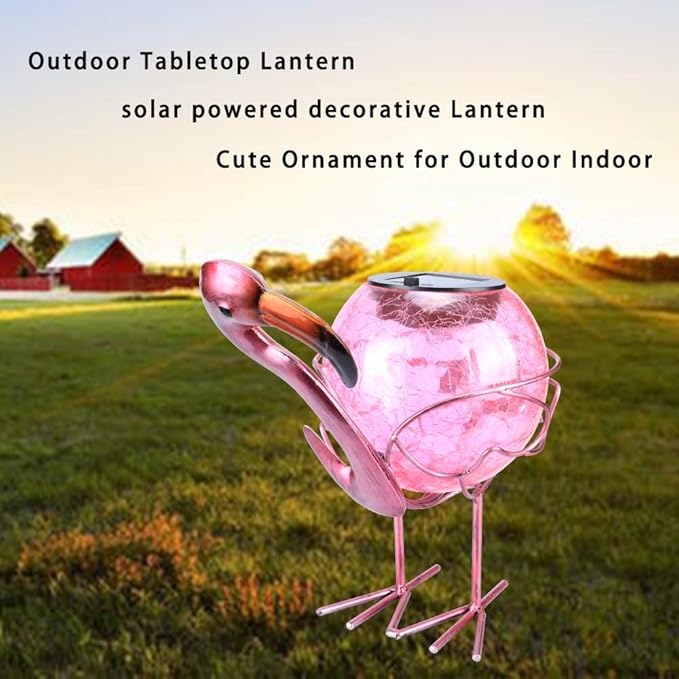 MUMTOP Flamingo Solar Light Outdoor Garden Decor, Solar Flamingo with Crackle Glass Globe Waterproof Tabletop Decorative Lights for Outside Patio Yard Decorations