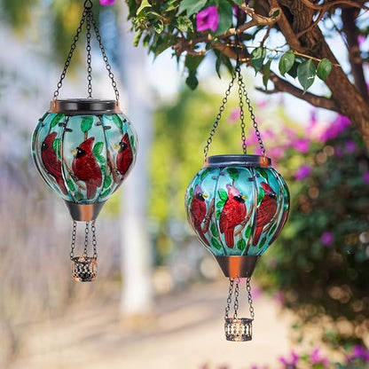2 PCS Cardinal Hot Air Balloon Solar Lantern with Flickering Flame Light,Glass Hanging Solar Lights Outdoor Waterproof for Patio Yard Party Gift Decor