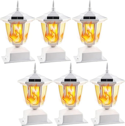 Dynaming 6 Pack Solar Flame Post Lights Outdoor, Solar Powered Lamps Fence Post Cap Lights, Flickering Flame LED Lantern Waterproof for Garden Deck Patio, Fit 4x4, 5x5 6x6 Wooden Posts, White Shell