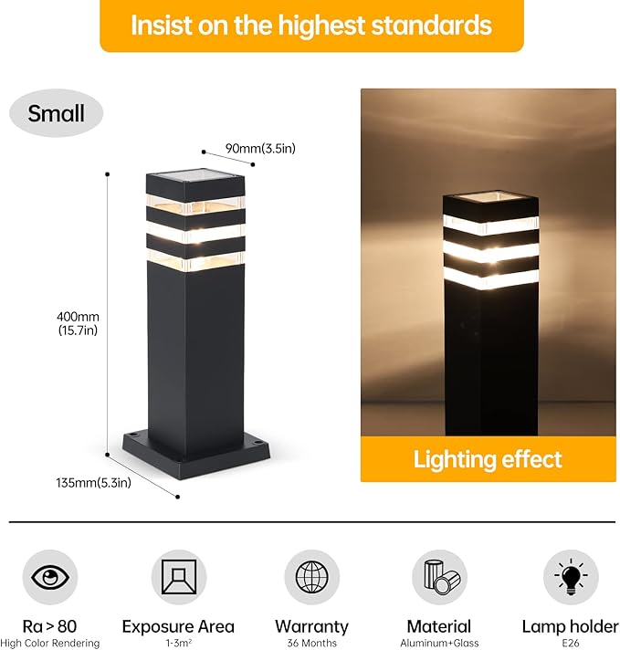 SLAWA 15In Pathway Lights Black E26 Outdoor Landscape Path Lighting Aluminum Walkway Bollard Lights Modern Landscape Sideway Post Lantern IP65 Waterproof Patio Porch Exterior Floor Lamp with Bulb