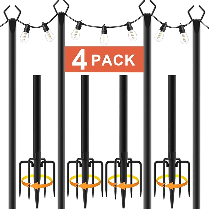 4-Pack Metal String Light Poles, 10ft Patio Light Stands