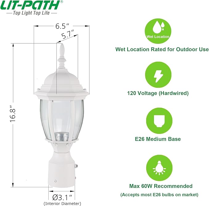 Outdoor Post Lighting Fixture, White Weatherproof Post Light
