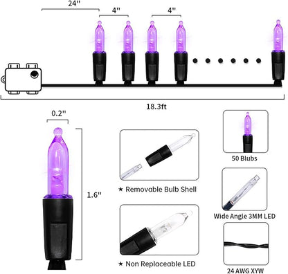 MULTI-SPARKING Battery Operated Halloween Lights - 50 LED Purple Mini String Lights for Small Tree, Wreath, Crafts, Indoor/Outdoor Halloween Decor, 8 Modes & Memory Function, 18.3 Feet Black Wire